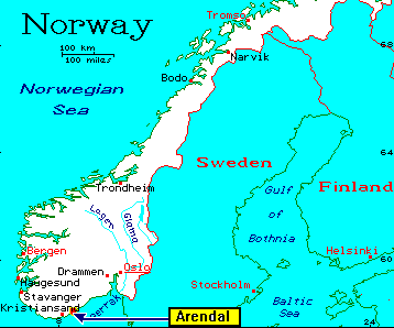 [Map of Norway with Arendal]